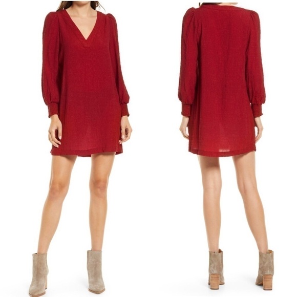 NEW BB Dakota by Steve Madden Textured Long Sleeve Mini Shift Dress Ruston Red - Picture 1 of 4